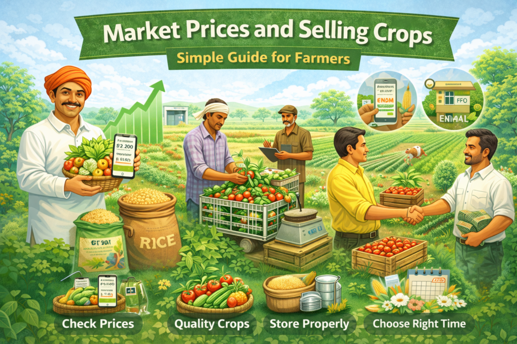 Market Prices and Selling Crops guide for farmers to check rates, improve crop quality, choose the right time to sell, and earn better income.